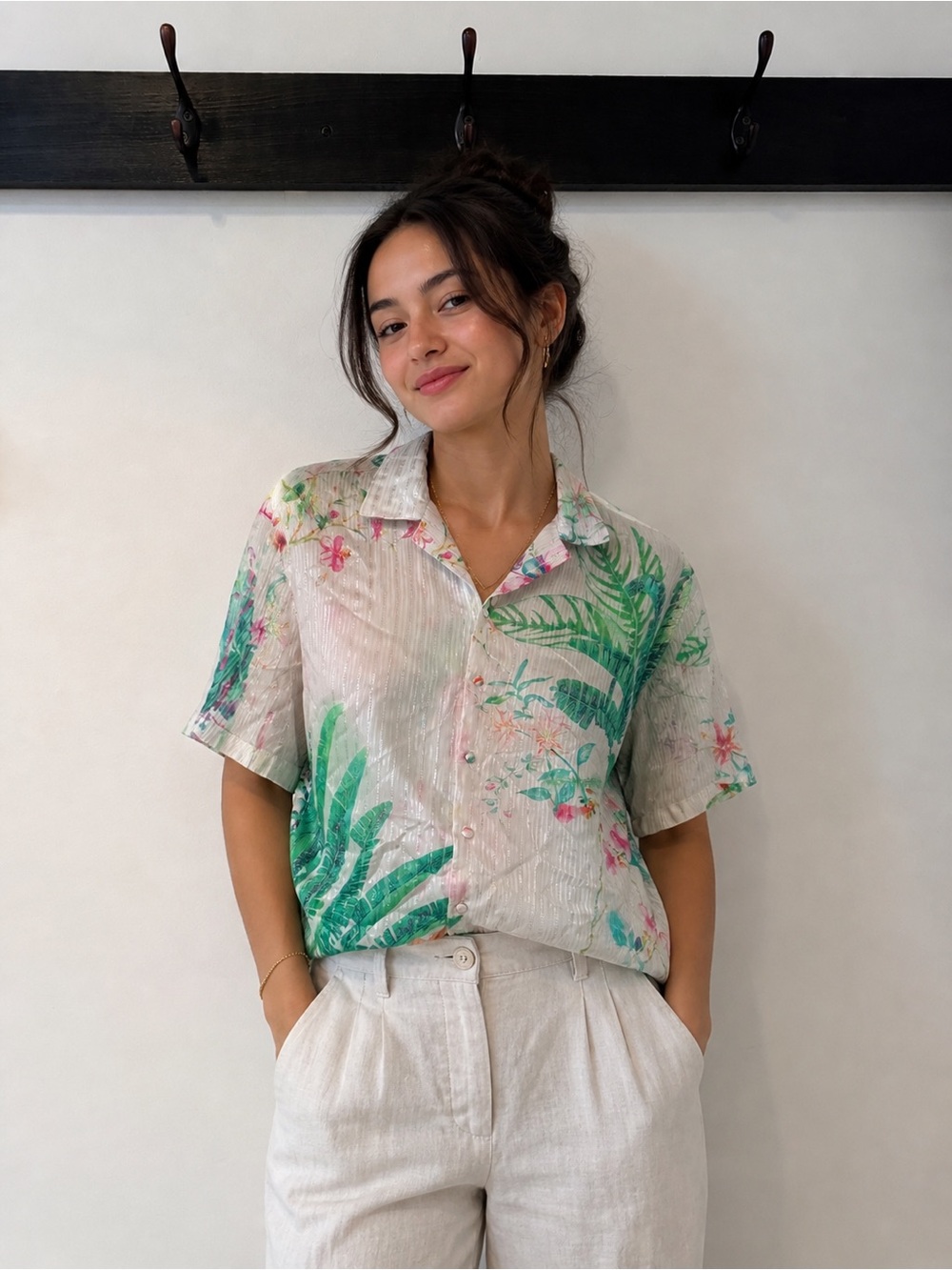 HEMANT & NANDITA Cream Short-Sleeve Button-Up with Green Tropical Print